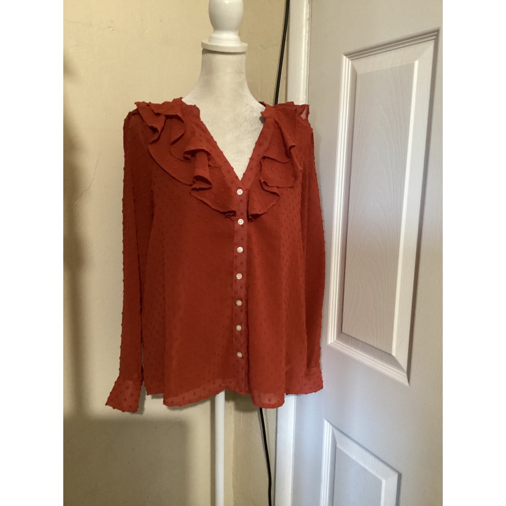 J.Crew Rust Orange Clip Dot Ruffle V-Neck Button Front Blouse BK414 Women Small
